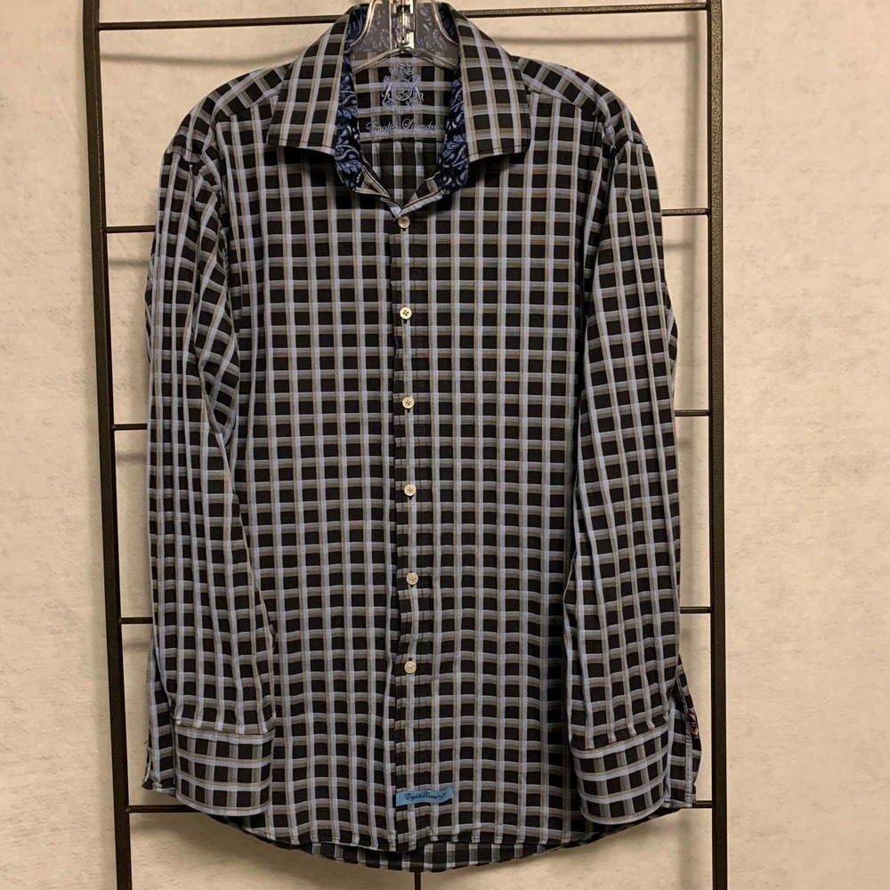 English Laundry Men's Flip Cuff Dress Shirt Window Pane Plaid Size 16.5/34-35